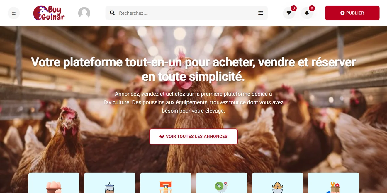 Page d'accueil de la plateforme BuyGuinar développée par Kamus SARL